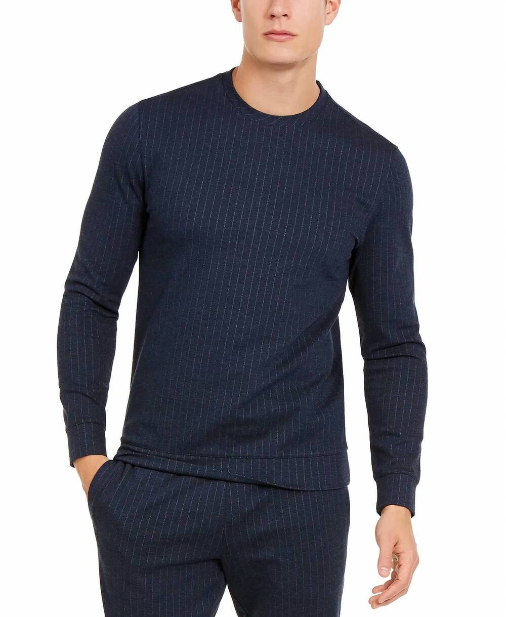 NEW ALFANI pinstripe stretch crew sweatshirt in blue